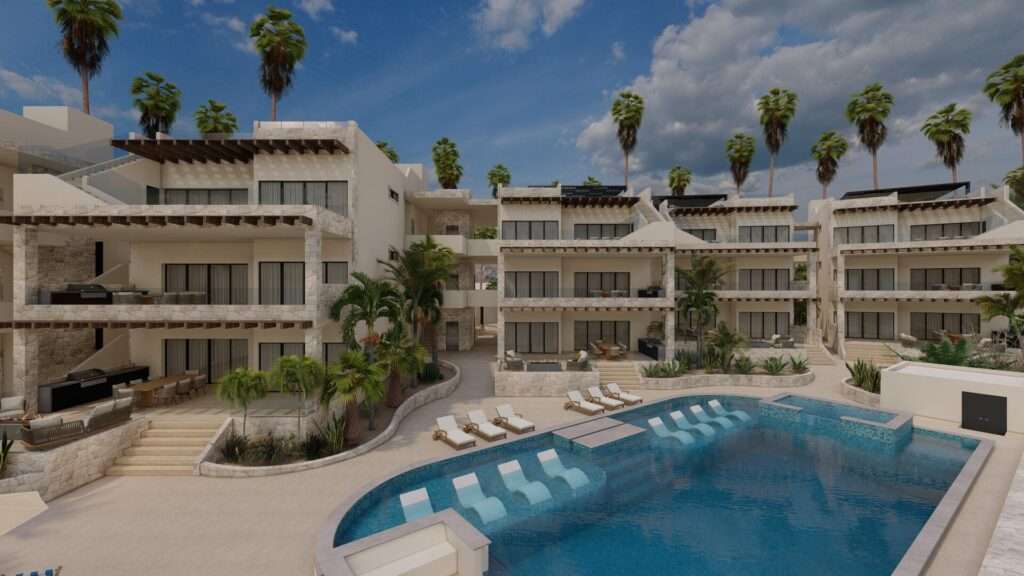Los Cabos Morgan Residences Morgan Residences Condo 306 offers 67 m² of functional living space with one bedroom, one and a half baths, and a private balcony overlooking the city. The open floor plan connects the kitchen, dining, and living areas with marble-style tile throughout. The kitchen has granite counters, white cabinets, and an island with seating. The bedroom includes an ensuite bathroom with a walk-in shower and opens to the terrace. A separate half bath includes in-unit laundry. The building features a rooftop pool, gym, BBQ area, and – Serenity at Cerritos-Garden, Pacific, Pacific, BS