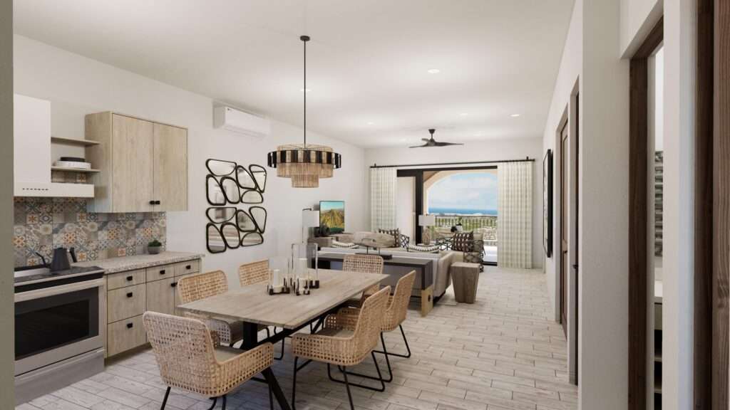 Los Cabos Mavila New elegant Contemporary style 2 BDR condo on the ground floor in Tower 4, offers an ideal mix of indoor comfort and outdoor living within the prestigious Mavila community at Quivira Los Cabos. Open-concept kitchen with upgraded quartz countertop, dining, and living area that flows toward the outdoor terrace with Jacuzzi, trellis sticks and garden, enhancing natural light and ventilation. Sunset & ocean – Towers FINANCING AVAILABLE, Pacific, BS