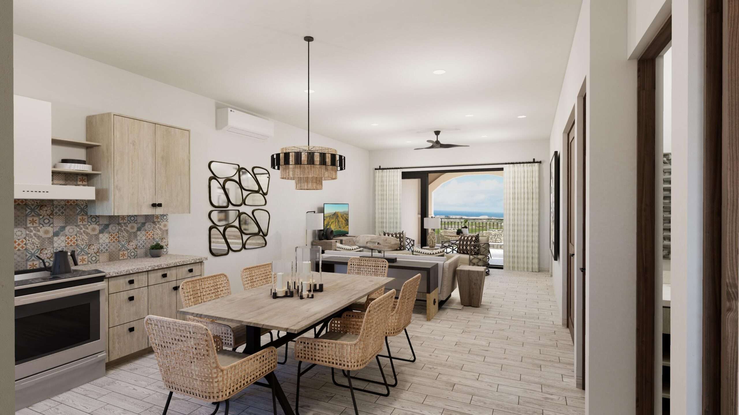 Los Cabos Mavila New elegant Contemporary style 2 BDR condo on the ground floor in Tower 4, offers an ideal mix of indoor comfort and outdoor living within the prestigious Mavila community at Quivira Los Cabos. Open-concept kitchen with upgraded quartz countertop, dining, and living area that flows toward the outdoor terrace with Jacuzzi, trellis sticks and garden, enhancing natural light and ventilation. Sunset & ocean for sale