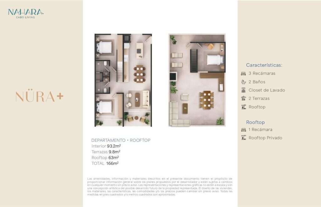 Los Cabos Nahara Cabo Living Penthouse Model - A unique two-level residence designed for comfort, privacy, and seamless indoor-outdoor living. The main level features 2 spacious bedrooms, while a third bedroom is located on the private rooftop, ideal as a guest suite, home office, or retreat. Two expansive terraces flood the interior with natural light and create exceptional spaces for entertaining and relaxation. The development offers elevator access and a commercial area, combining modern convenience with an elevated lifestyle. – Vista Vela 3, Cabo Corridor, BS